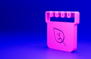 Pink Calendar with autumn leaves icon isolated on blue background. Minimalism concept. 3D render illustration
