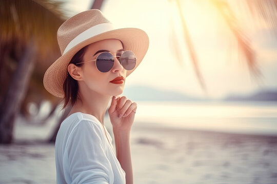 Stylish Young Woman: Enjoying Beach Vibes in Hat and Sunglasses. Generative AI