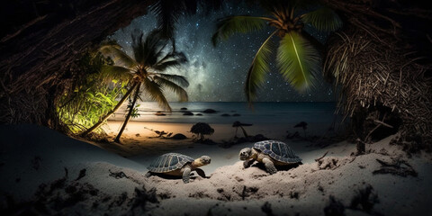 Turtle on the night beach. Created with generative Ai technology.