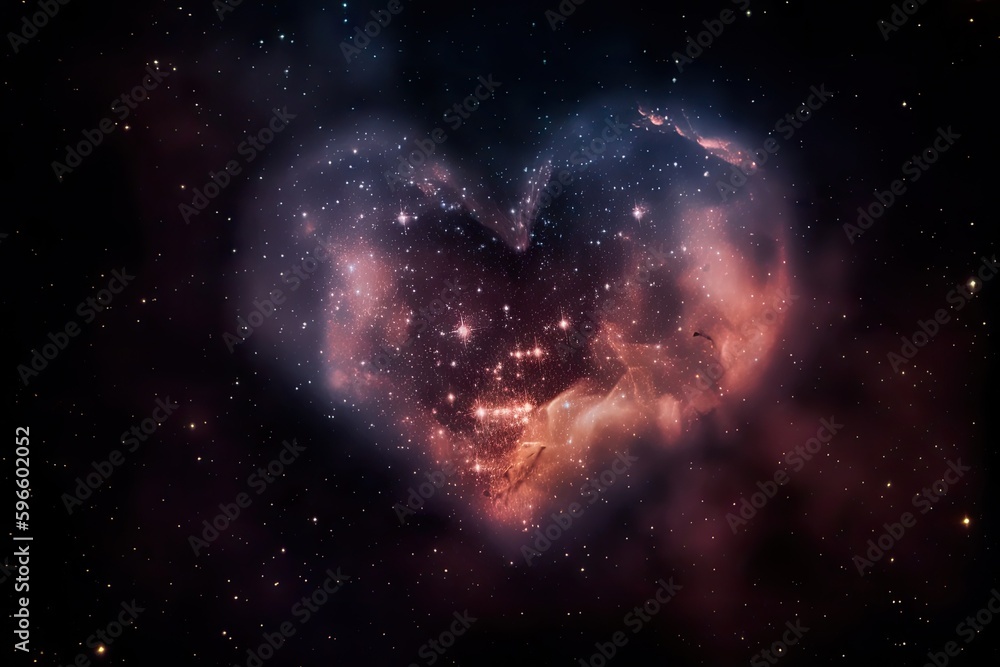 Sticker heart-shaped nebula with twinkling stars in the background, created with generative ai