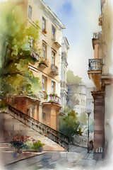 old town country watercolor sketch