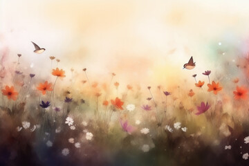 watercolor a field of wildflowers with butterflies and birds blurred background. Generative AI.