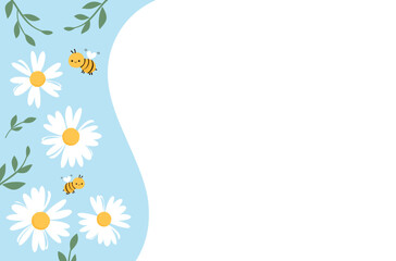 Daisy flower, green branch an bee cartoons vector illustration.