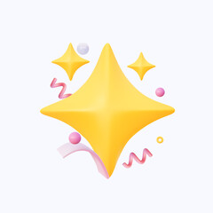 3D cute shining stars emoji yellow in cartoon style with confetti. 3d vector illustration.