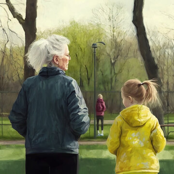 Grandfather and granddaughter doing sports together. Generative AI.