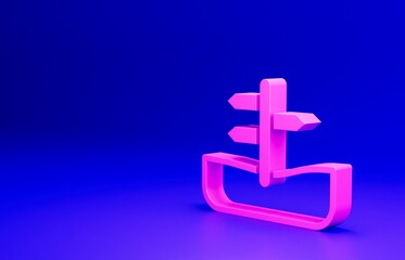 Obraz premium Pink Road traffic sign. Signpost icon isolated on blue background. Pointer symbol. Isolated street information sign. Direction sign. Minimalism concept. 3D render illustration