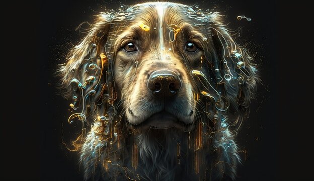 Digital dog with codes, wires and programmes in head. Digital designer art. Abstract surreal illustration. A dog with a circuit board on its head. 3D render. Created with AI tools
