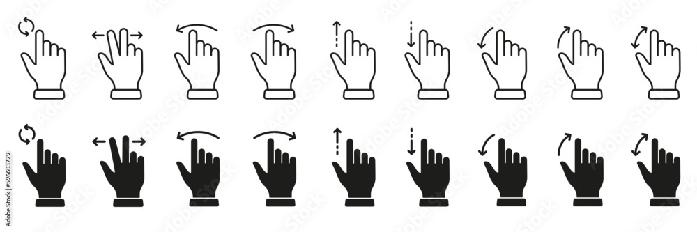 Poster computer cursor, pointer icon set. hand with finger digital mouse click line and silhouette sign. we