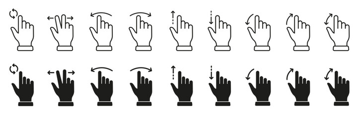 Computer Cursor, Pointer Icon Set. Hand with Finger Digital Mouse Click Line and Silhouette Sign. Website and App Interface, Press, Tap, Link, Choice Button Symbol. Isolated Vector Illustration