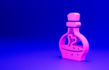 Pink Bottle with potion icon isolated on blue background. Flask with magic potion. Happy Halloween party. Minimalism concept. 3D render illustration