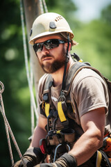 Fototapeta premium On a sunny day, a skilled 32-year-old electrician confidently works an electricity pole, wearing his vest and helmet. His expertise shine through in this captivating portrait. Generative AI