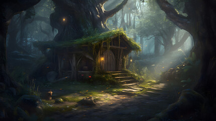Fototapeta na wymiar Magic Fantasy World A Hut Under Trees