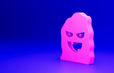 Pink Funny and scary ghost mask for Halloween icon isolated on blue background. Happy Halloween party. Minimalism concept. 3D render illustration