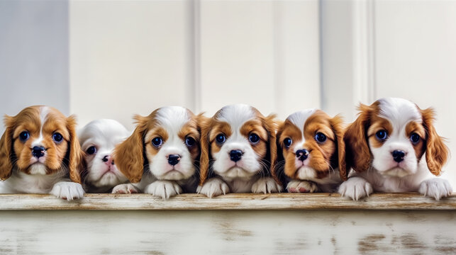 Cute Cavalier King Charles Spaniel puppies sit in row and pose looking at camera. Generative AI. High quality illustration