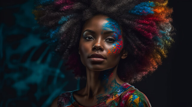 Black beauty woman with colorful afro hair. Cheerful carefree girl with bright makeup at festival. Afro hairstyle. Generative AI. 