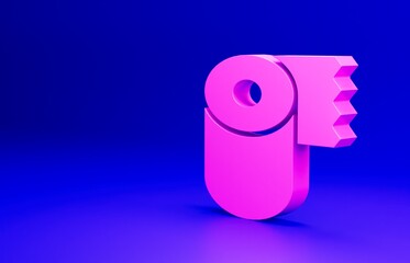 Pink Toilet paper roll icon isolated on blue background. Minimalism concept. 3D render illustration