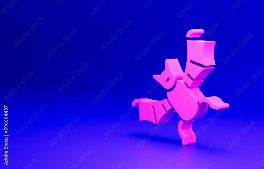 Sticker pink flying bat icon isolated on blue background. happy halloween party. minimalism concept. 3d rend