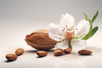 Fototapeta na wymiar 3D illustration of almonds and a flower on a white background. Generative AI