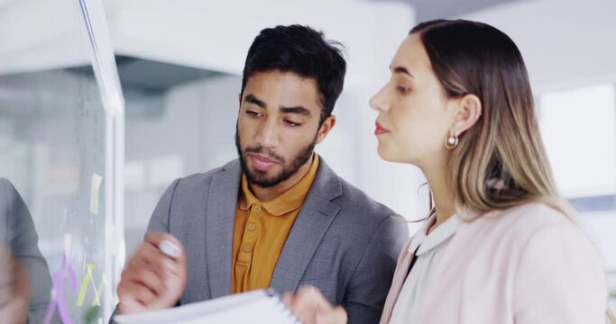 Business people, teamwork and brainstorming at window for agenda, feedback notes or target process in office. Man, woman and employees planning project ideas, timeline strategy or schedule of mindmap