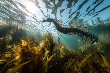 Obraz na płótnie Canvas sea dragon swimming through kelp forest, with schools of fish in the background, created with generative ai