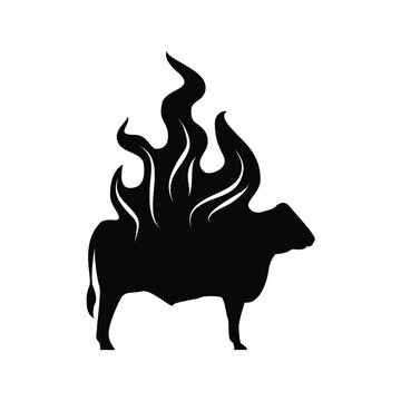 cattle cow buffalo with fire flame grill barbecue beef logo
