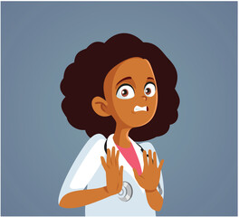 Doctor Pushing Away Feeling Pressured Vector Cartoon Illustration. Stressed general practitioner feeling in danger making defensive gesture 
