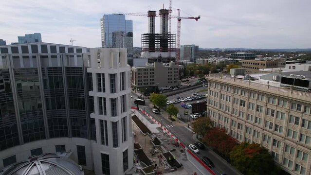 Drone Downtown Nashville Showing Construction Sites and Cranes