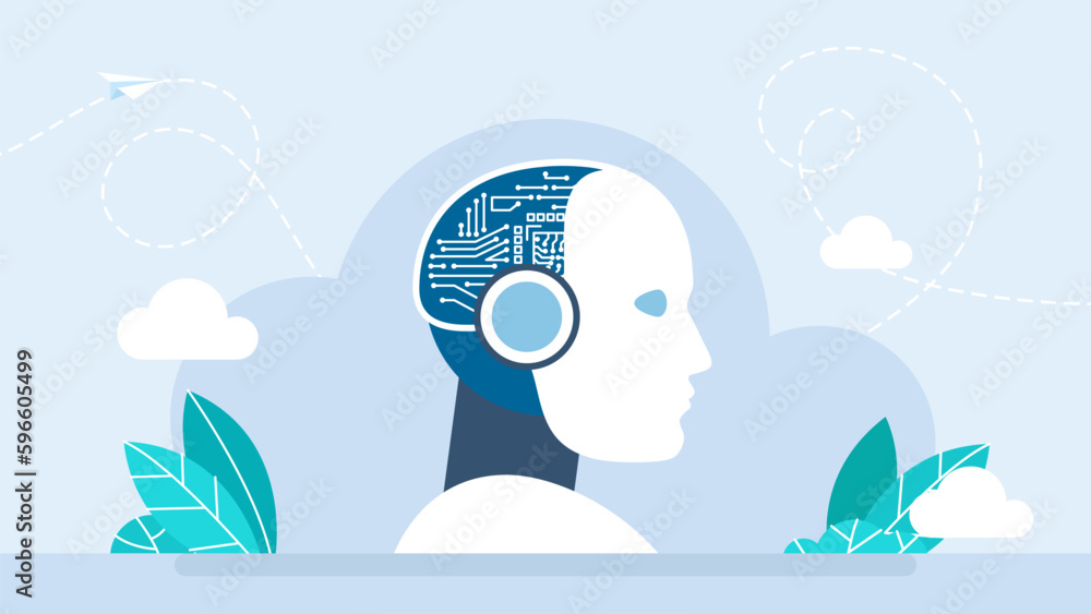 Poster artificial intelligence or ai. robot. futuristic electronic head. virtual intellect brains. artifici
