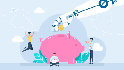 Robot arm putting golden coin money into savings piggybank. Artificial Intelligence. Robot Hand saving coin in the piggy bank. Automatic investment or savings. Ai saving money. Vector illustration