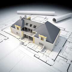 Fototapeta na wymiar House project, house model and blueprint. Generative AI