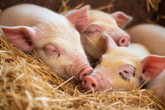 a group of piglets snoozing in a pile of hay, their tiny pink noses twitching as they dream, created with generative ai