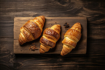 Three croissants on wooden table, top view, Generative AI