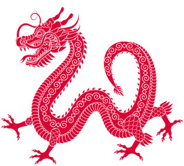 Traditional chinese red dragon outline vector illustration. Zodiac sign. Sacred animal, a symbol of goodness and power. Asian, japanese mascot and tattoo or T-shirt vector illustration.