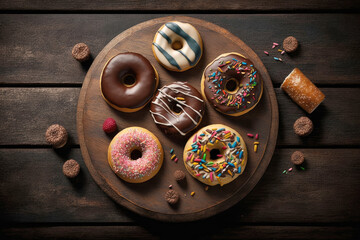 Various donuts on brown wooden table, top view, Generative AI