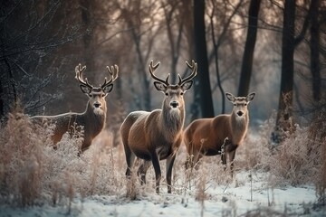 Proud Noble Deer family in winter snow forest