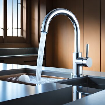 Faucet running water in sink indoors with few home appliance and indoor and outdoor backdrops, great for property, business, website, hardware store, etc. Image of generative Ai