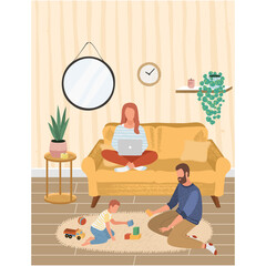 Happy family with child spend time at home vector