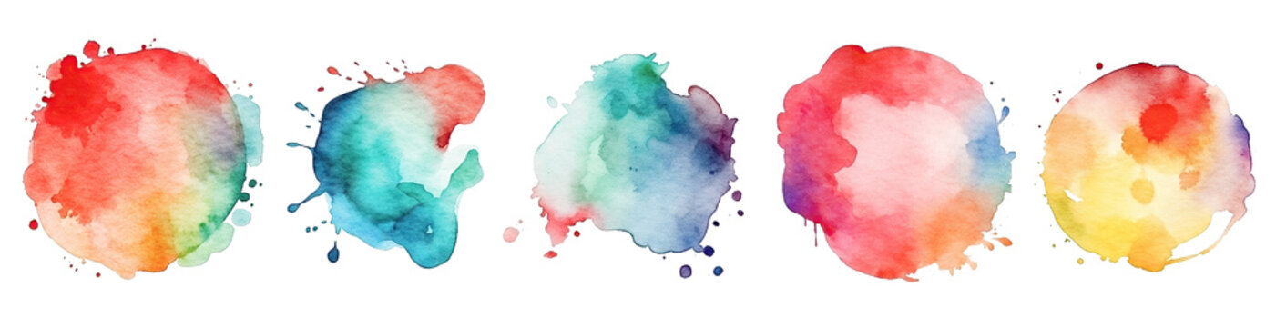 Watercolor stains in circle shape collection isolated on transparent white background