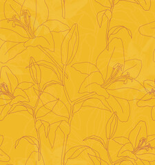 Fashionable, beautiful, textile, seamless, linear pattern, silhouettes, floral with lilies for fabric, prints, postcard posters, advertising, decor,  wallpapers, ornaments on a yellow background.
