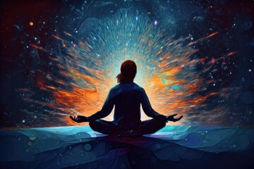 Man in meditation pose. Enlightenment psychic wave transcendence of consciousness generative ai