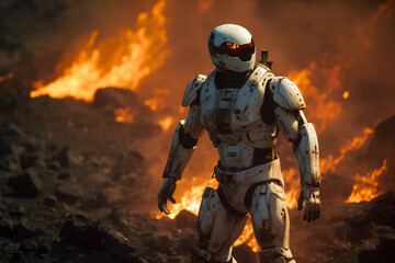 White high tech futuristic robot android destroying the world full on fire. Rise of the machines. flame and lava. Ai generated art. Epic cinematic movie style