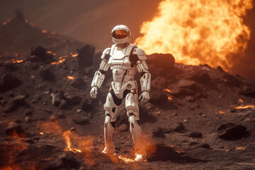 White high tech futuristic robot android destroying the world full on fire. Rise of the machines. flame and lava. Ai generated art. Epic cinematic movie style