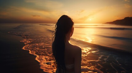 silhouette of girl on the beach at sunset in summer, generative ai