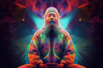 Fototapeta premium Man in meditation pose. Enlightenment psychic wave transcendence of consciousness generative ai