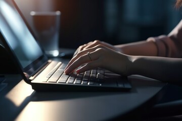 A close-up image shows the hands of a businesswoman typing on a laptop computer keyboard