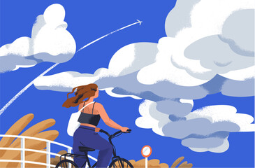 Summer landscape with sky, clouds, girl riding bicycle. Active young woman travels on holiday, cycling bike. Freedom, pleasure, dream concept. Summertime vacation vibe. Flat vector illustration