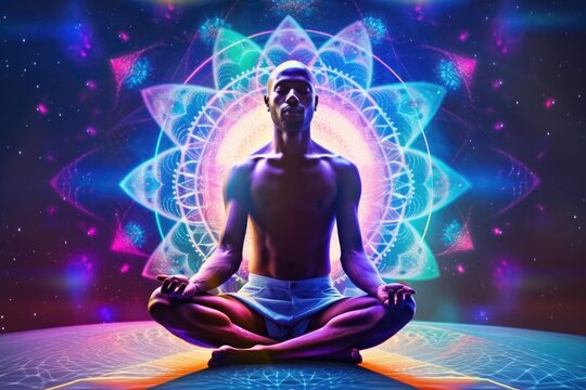 Man in meditation pose. Enlightenment psychic wave transcendence of consciousness generative ai