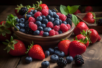 Freshly picked berries, like plump strawberries and juicy blueberries, are the perfect summer snack, bursting with flavor and antioxidants - obrazy, fototapety, plakaty