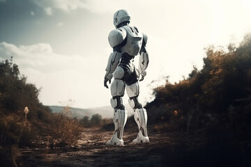 Futuristic white android robot stands, exploring new planet. Nature landscape. Humanoid robot replace the human. Ai generative art