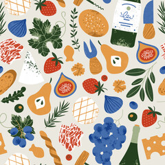 Charcuterie board seamless pattern. Assortment of wine appetizers. Antipasti. 